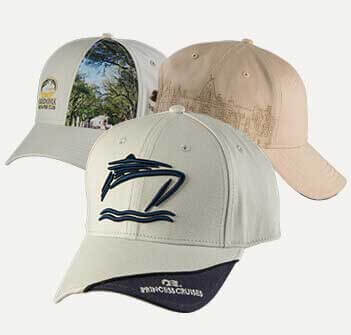 Three tan caps with embroidery on different sides