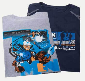Two gray and blue shirts with screen printed graphics