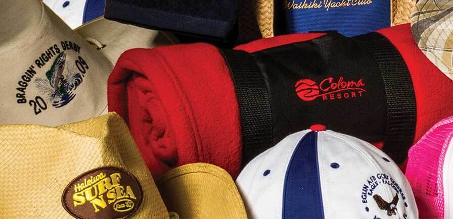Embroidered hats, bags, and towels