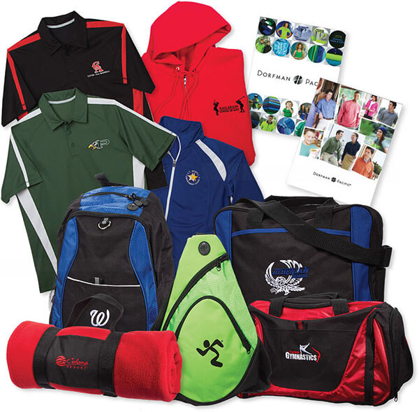 Collection of shirts, jackets, bags, and towels with embroidered artwork on them