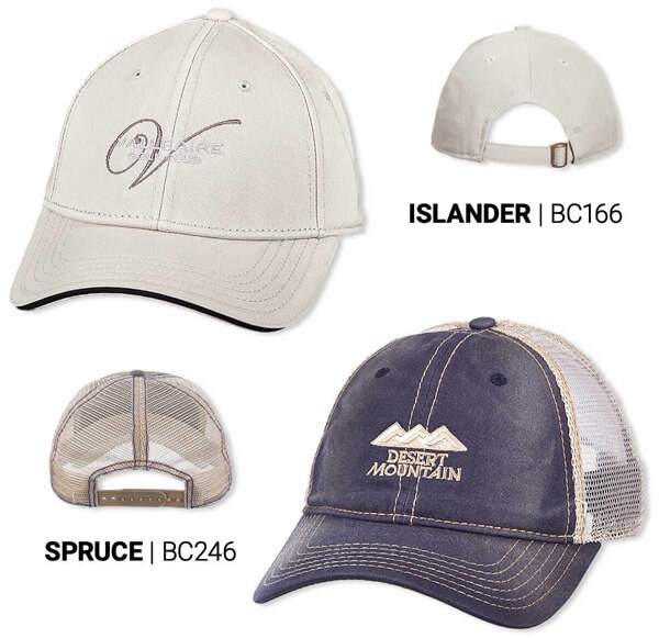 White Islander hat and grey and blue Spruce hat with embroidered logos on the front