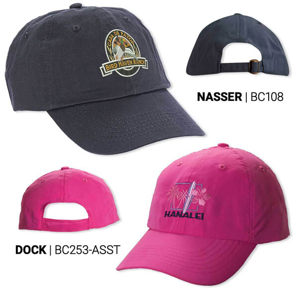 Black Nasser hat and pink Dock hat with embroidered logos on the front