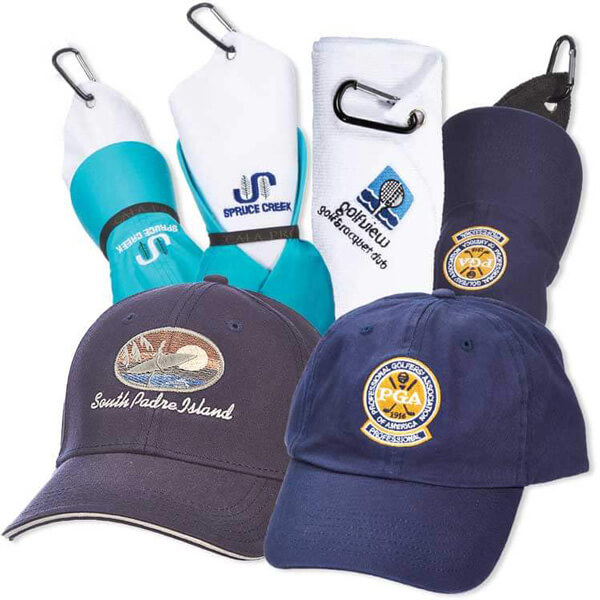 Embroidered caps and towels with golf logos on the front