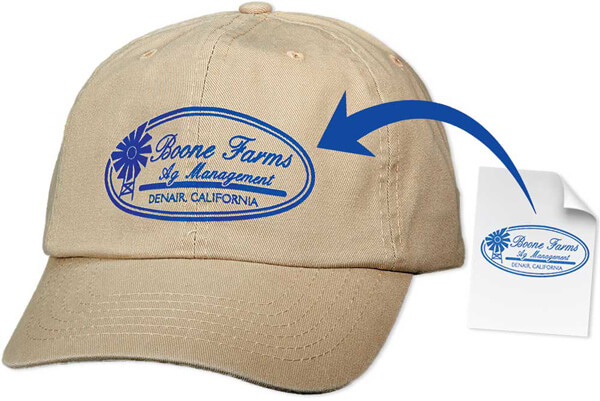 Tan cap with blue oval logo on the front