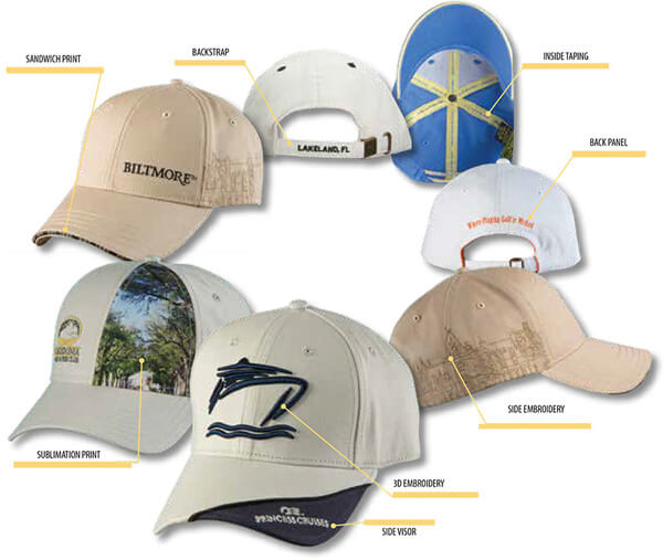 Caps in a circle with a variety of embroidered graphics on different sides