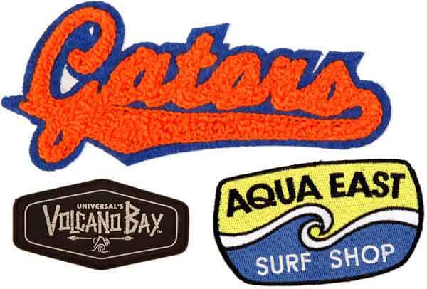 Three colorful patches business names and teams