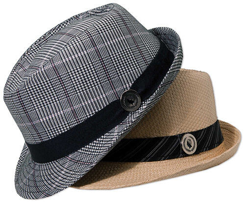 Stacked tan and gray hat with silver pins attached to the sides
