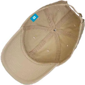 Underside of cap with blue tag with a logo on it
