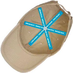 Underside of cap with blue taping with text on it