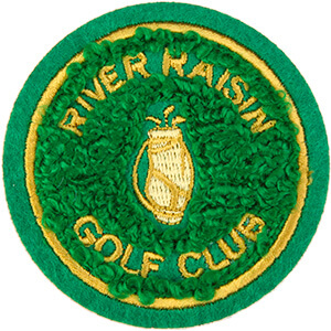 Green fuzzy patch with gold text and golf bag graphic