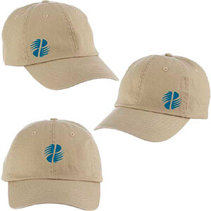 Three caps with a logo on the fronts and sides