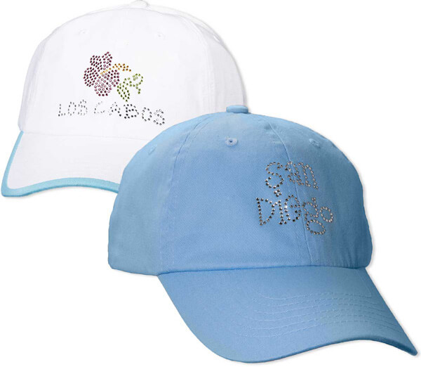 Blue and white ballcaps with rhinestone logos on the front