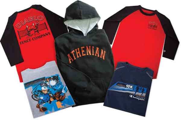 Shirts and a hoody with screen printed graphics on the front