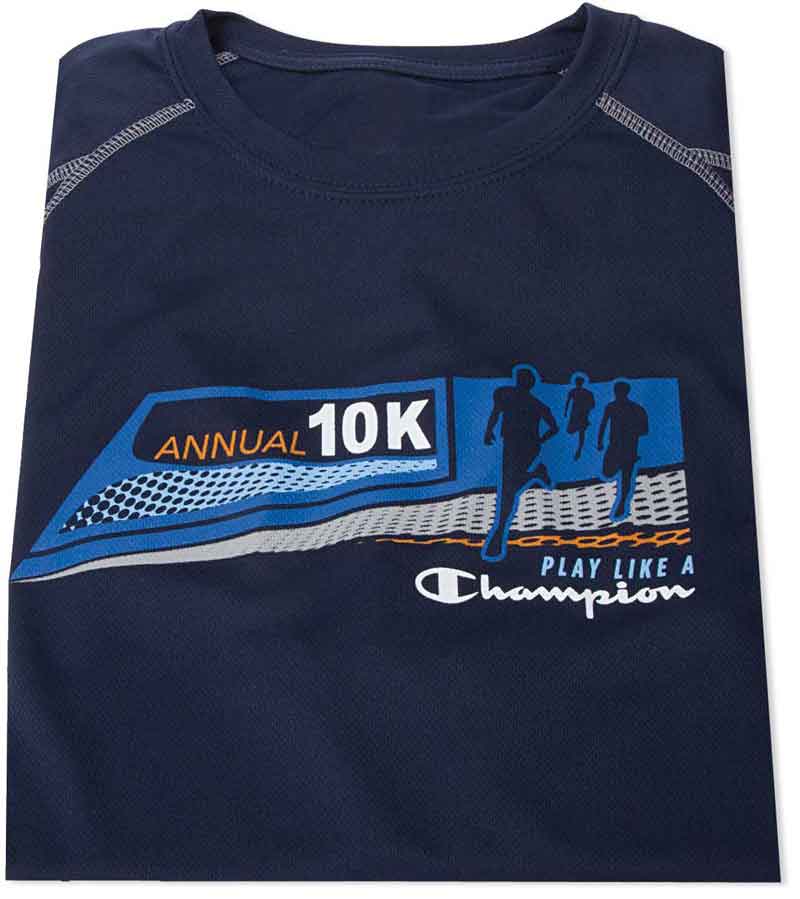 Navy blue shirt with a grahpic of people running a marathon