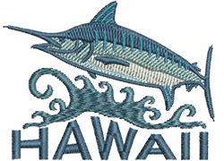 Hawaii with a big sword fish jumping out of the water